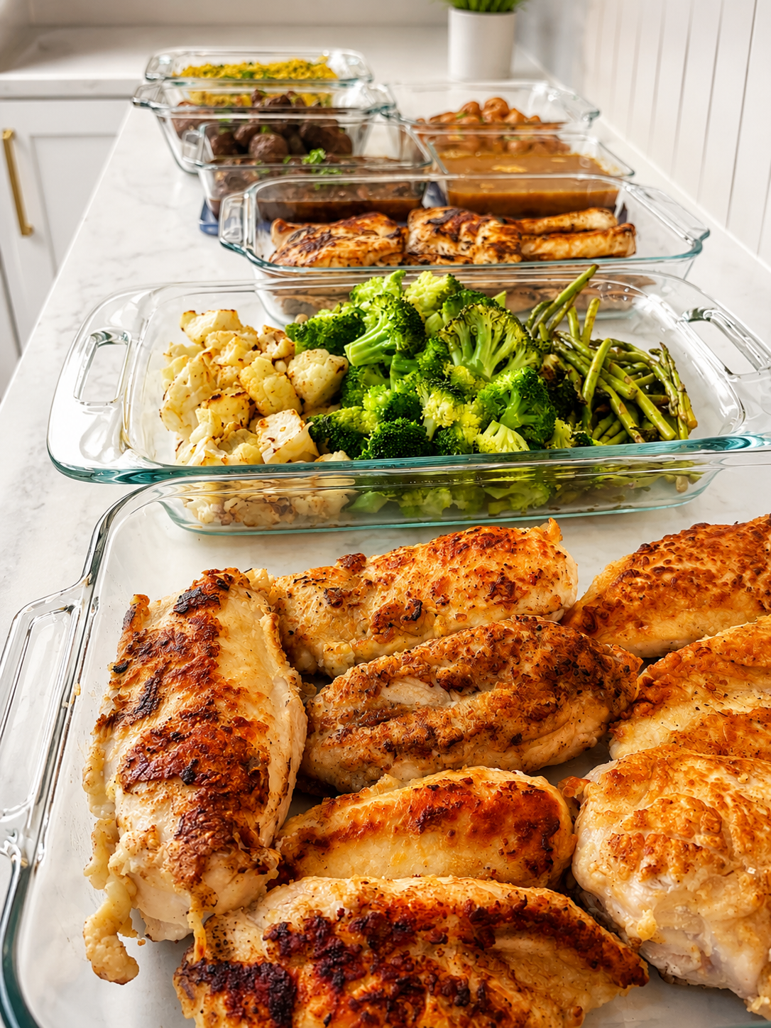 A spread of baked chicken drumsticks, roasted vegetables, broccoli, cauliflower, green beans, and various casserole dishes on a dining table.