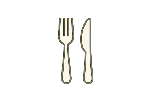 A fork and a knife placed side by side on a black background.
