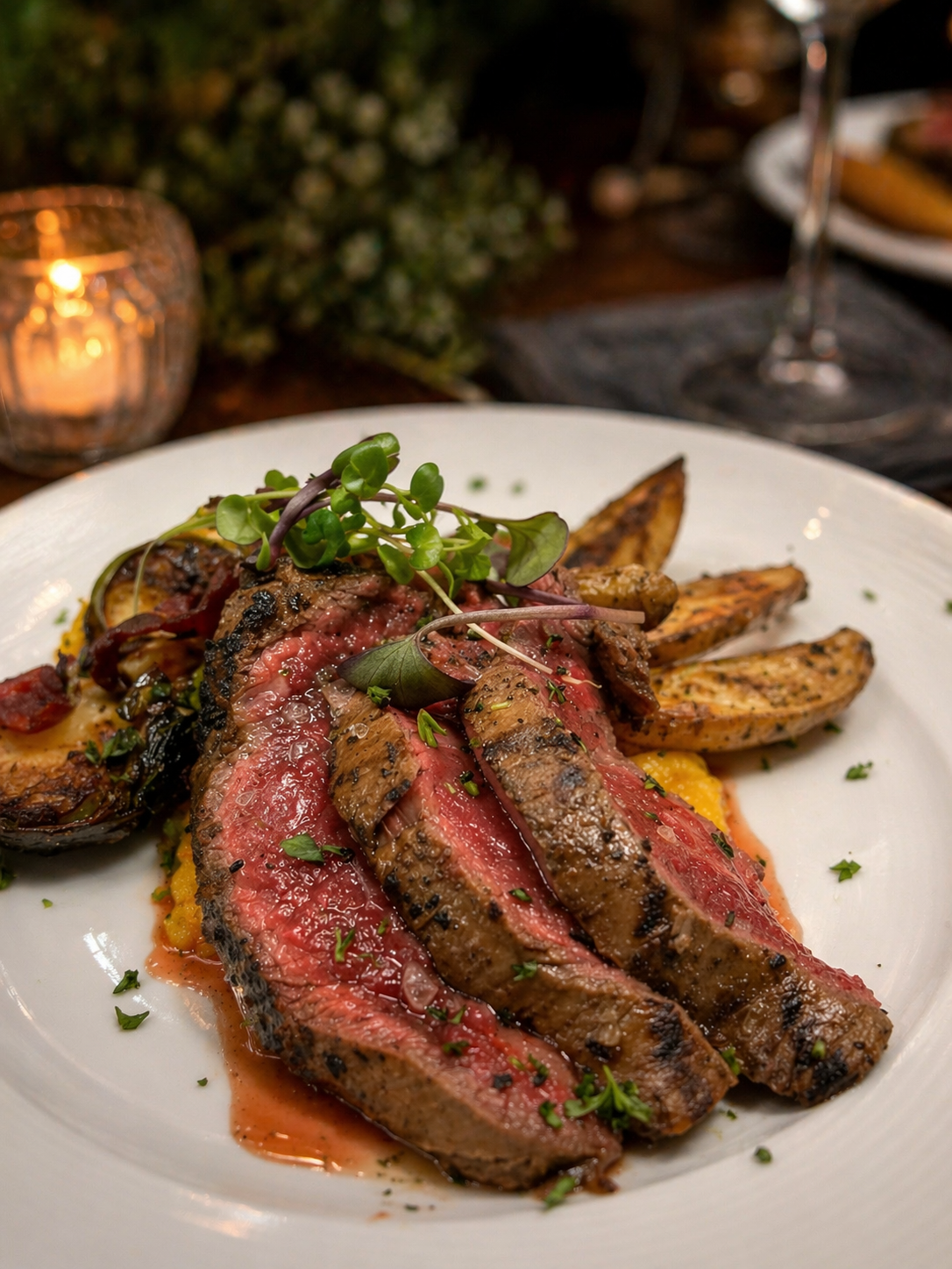 A plate of seared steak slices with grill marks, topped with microgreens, served with roasted potato wedges and grilled vegetables, garnished with chopped herbs, in a restaurant setting with candlelight.