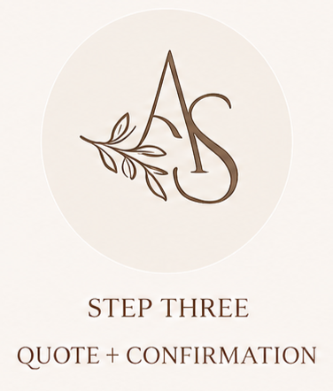 A logo with the letters A and S intertwined with a leaf design, above the words 'STEP THREE' and 'QUOTE + CONFIRMATION' in brown text.