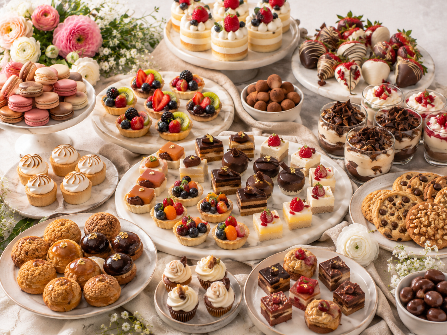 Assorted desserts including macarons, fruit tarts, mini cheesecakes, chocolate mousse cups, cookies, and various cake slices are displayed on multiple marble and ceramic plates, adorn with flowers and berries.