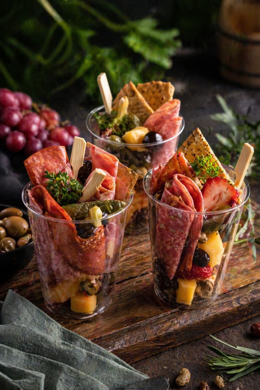 Three clear plastic cups filled with assorted cured meats, cheese cubes, olives, and garnishes, set on a rustic wooden board with grapes, olives, and greenery in the background.