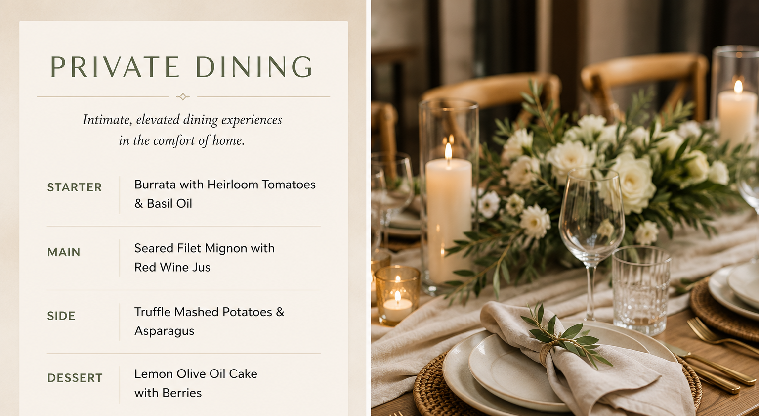 A dinner menu titled 'Private Dining' listing four courses: starter - burrata with heirloom tomatoes and basil oil, main - seared filet mignon with red wine jus, side - truffle mashed potatoes and asparagus, dessert - lemon olive oil cake with berries. The menu is displayed next to a formal dining table with candles, glassware, a floral centerpiece, and place settings.