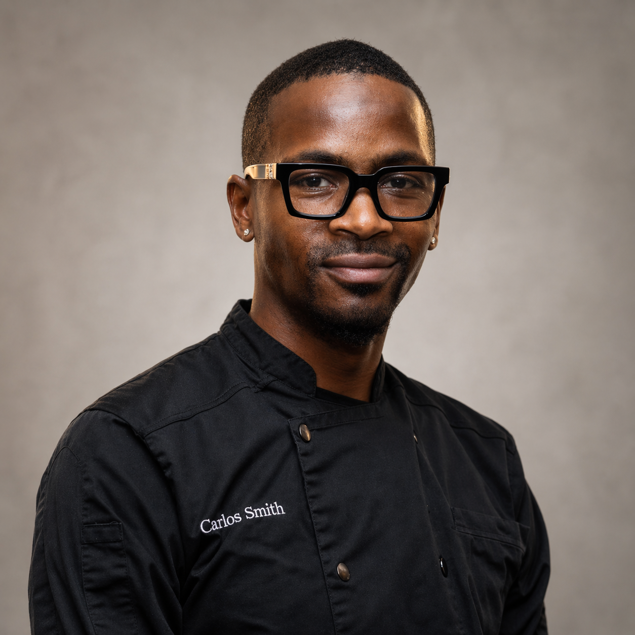 A man with short black hair, glasses, and earrings, wearing a black chef's jacket with the name 'Carlos Smith' embroidered on it, standing against a plain background.
