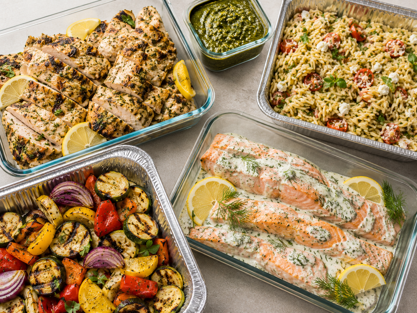 Assorted grilled dishes including salmon with dill and lemon, pasta salad with cherry tomatoes and feta, grilled mixed vegetables with zucchini, eggplant, and red onions, and grilled chicken with herbs and lemon slices, all in aluminum and glass containers.