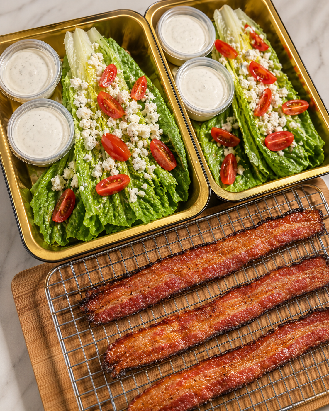 Bacon strips on a wire rack, two trays of Romaine lettuce with cherry tomato slices, crumbled feta cheese, and small containers of salad dressing.