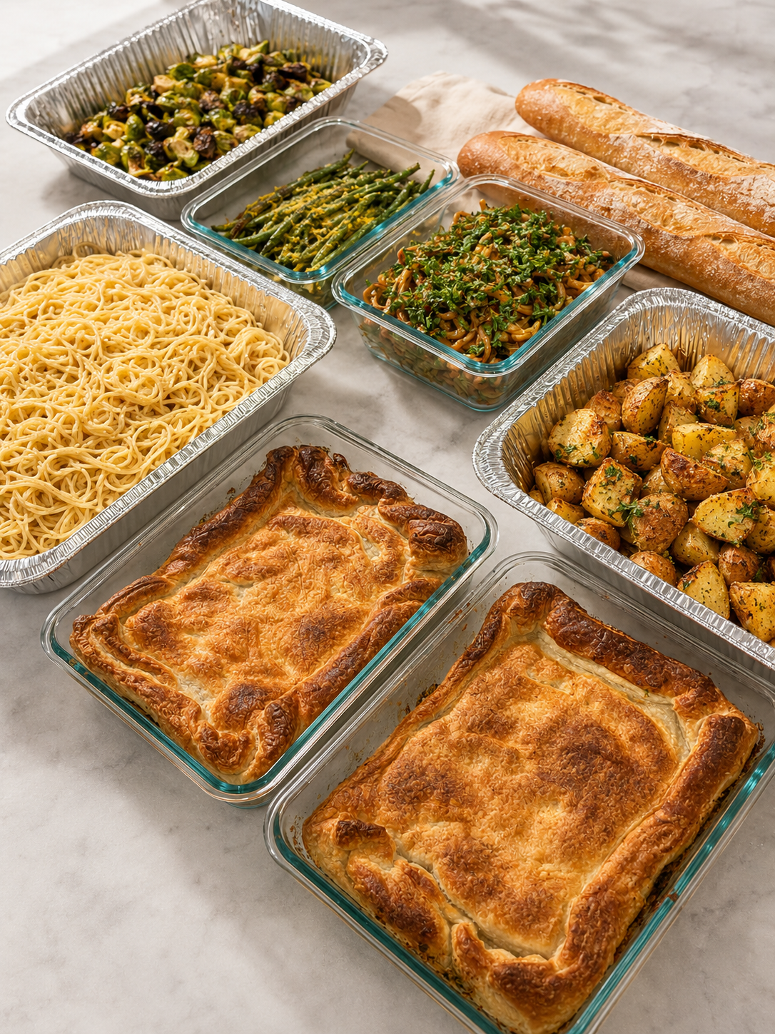 A variety of baked and cooked dishes on a marble surface, including lasagna, spaghetti, roasted potatoes, green beans, a noodle salad, roasted Brussels sprouts, bread baguettes, and roasted fingerling potatoes.