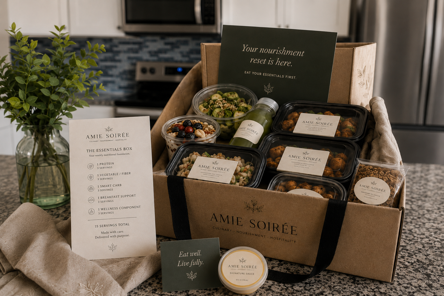 A food gift box labeled 'Amie Soiree' containing salads, nuts, and snacks, with informational cards and a small jar of signature sauce, set on a kitchen countertop.