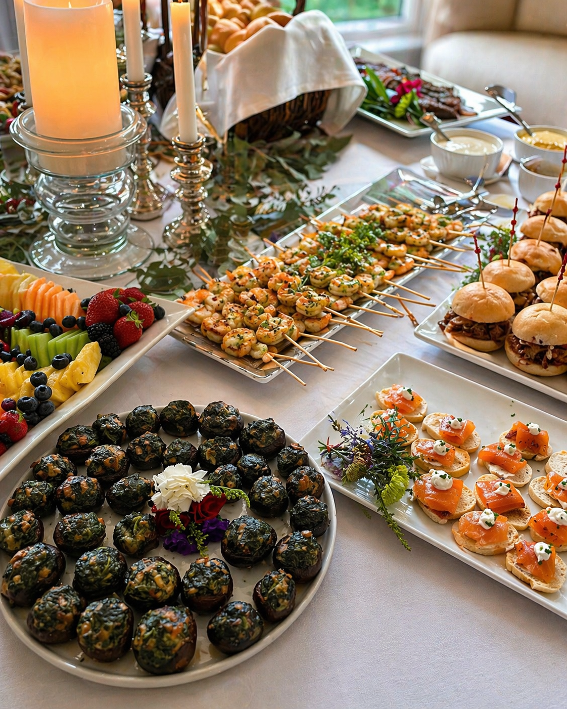 A buffet table with various appetizers including stuffed mushrooms, smoked salmon bites on crostini, sliders with toothpicks, fruit platter with berries and sliced melon, shrimp skewers, and small bowls of condiments, decorated with candles and greenery.