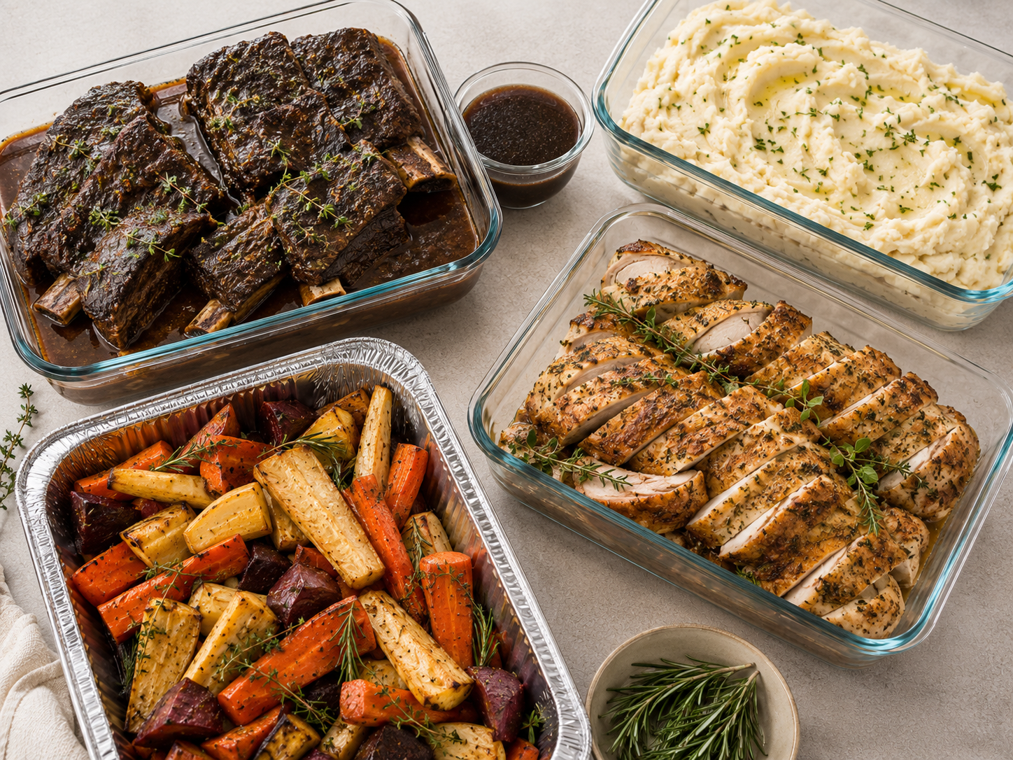Roast beef ribs with herbs, sliced roasted chicken with herbs, mashed potatoes with herbs, roasted root vegetables, and barbecue sauce on a table.