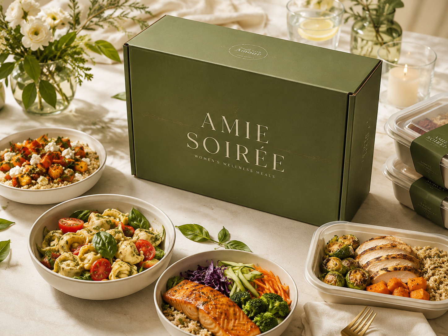 Green box labeled 'Amie Soirée Women's Wellness Meals' on a table with various prepared salads and cooked dishes, candles, and floral arrangements in a well-lit setting.