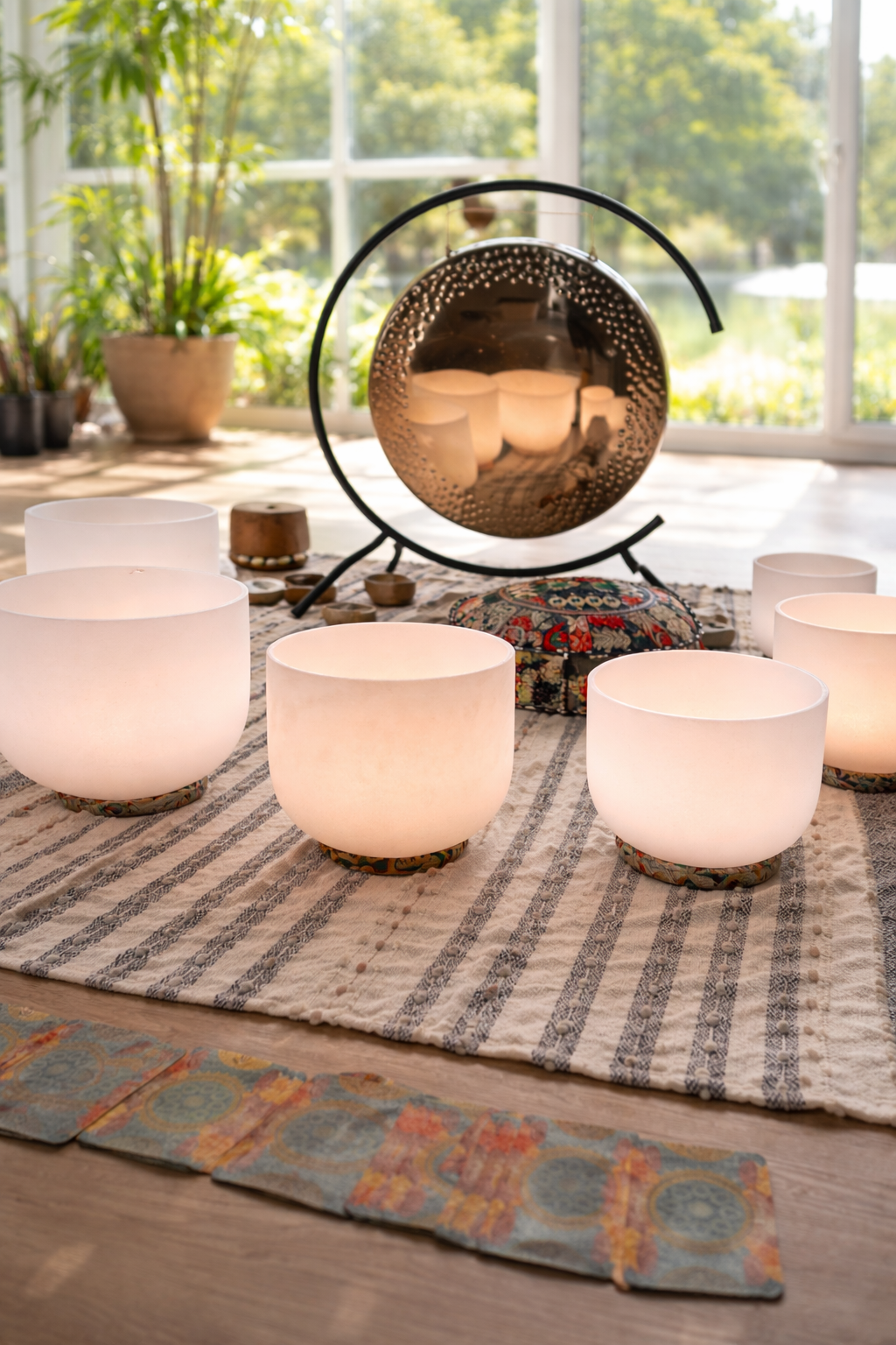 A set of illuminated white singing bowls arranged on a striped rug, with a handpan drum and small percussion instruments in the background, on a wooden floor near large windows with greenery outside.
