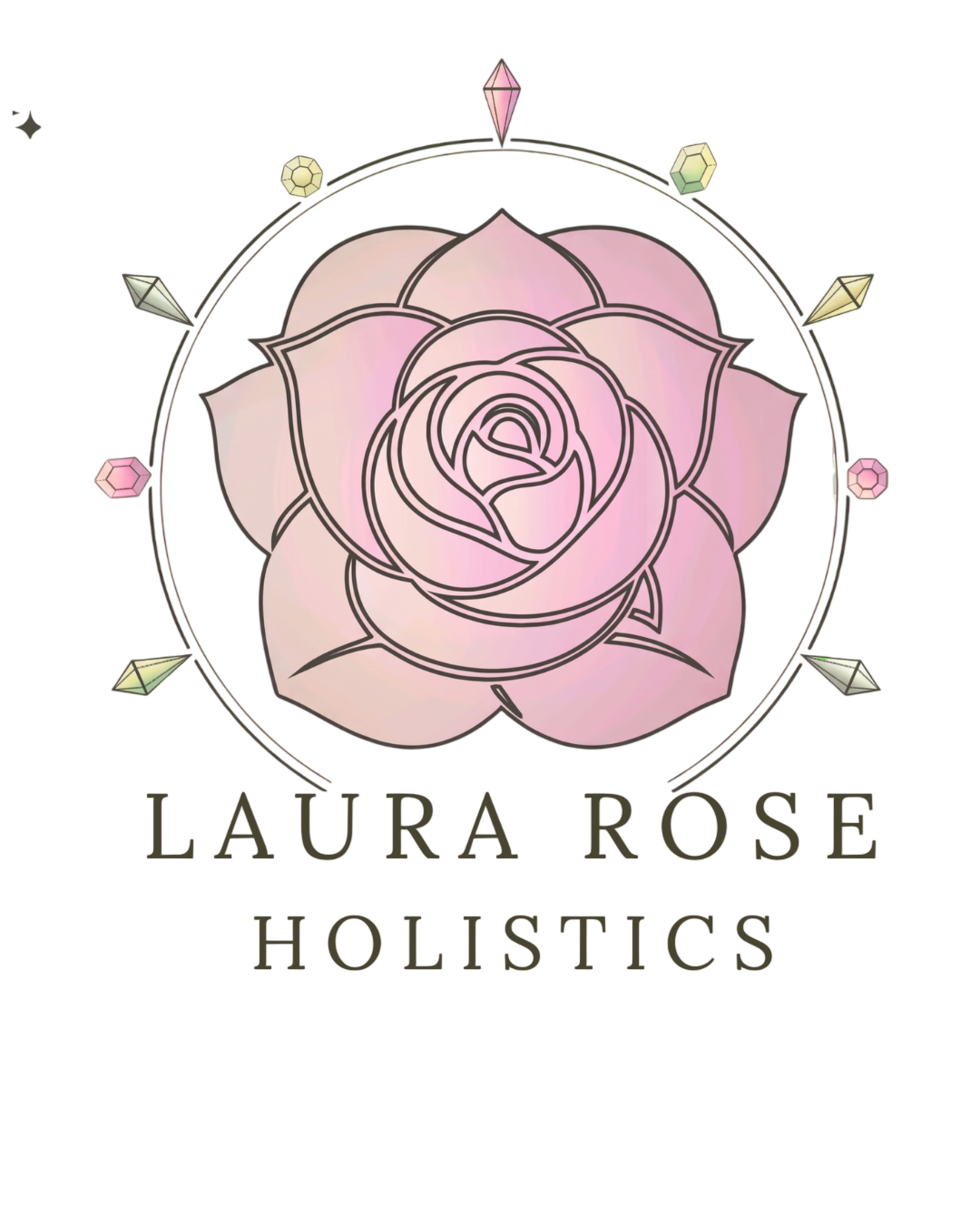 Logo of Laura Rose Holistics featuring a pink rose with black outline, surrounded by small 3D crystals, and the text 'Laura Rose Holistics' at the bottom.