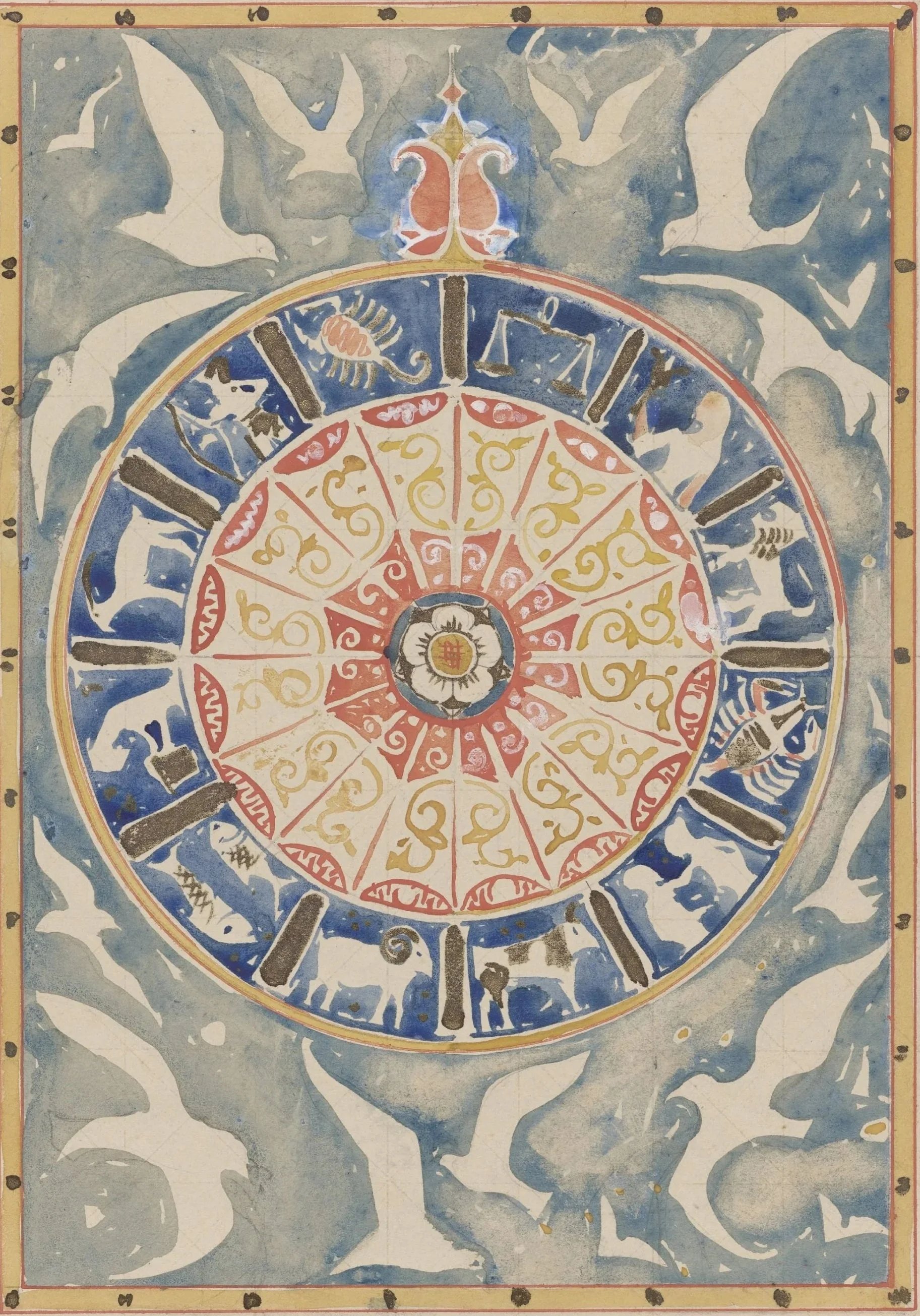 A vintage clock with Roman numerals surrounded by a decorative border featuring white birds and swirling patterns in muted colors.