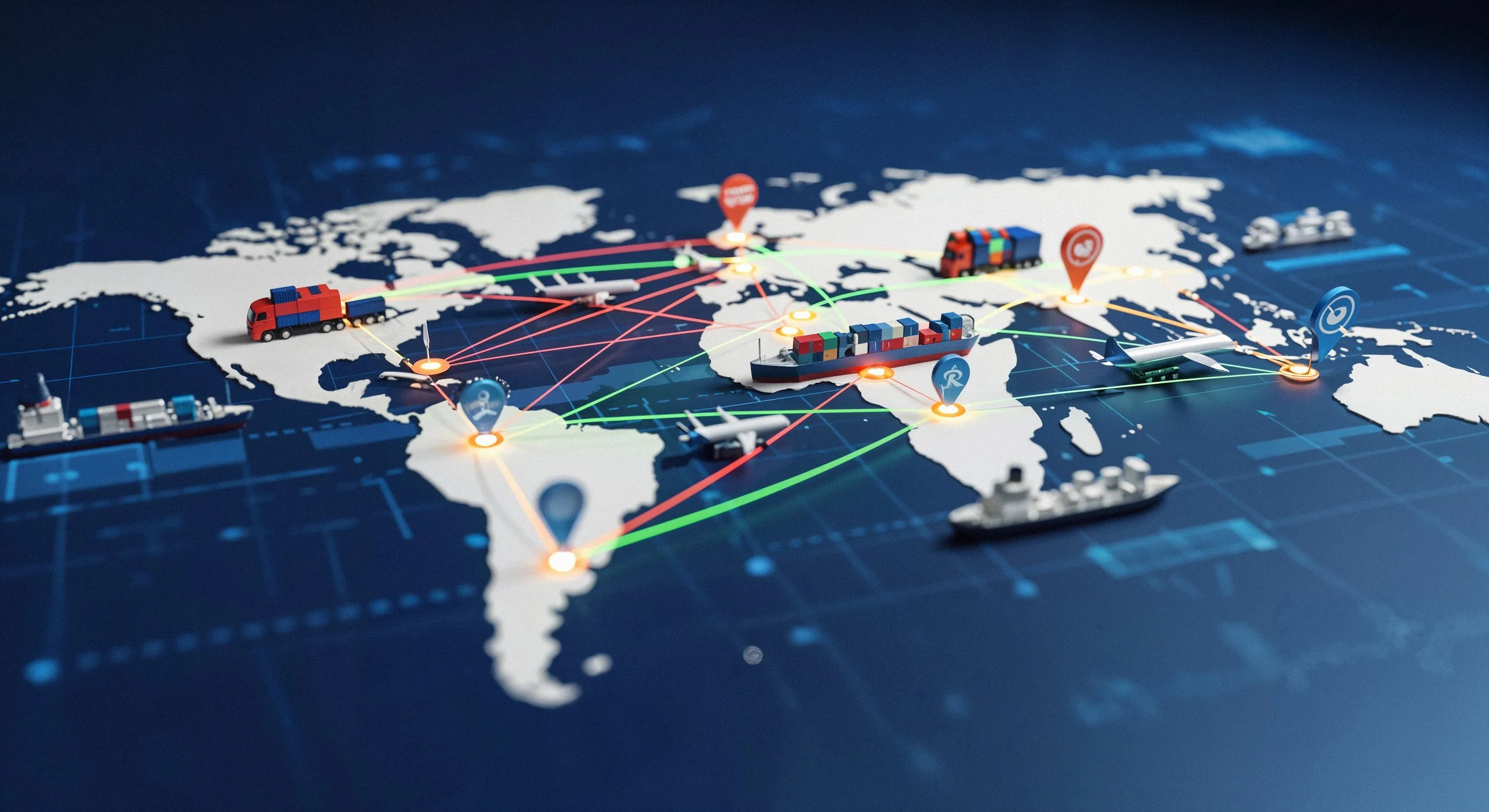 Mapa del mundo con vehículos y líneas de conexión que representan rutas de transporte y comunicación internacional.
