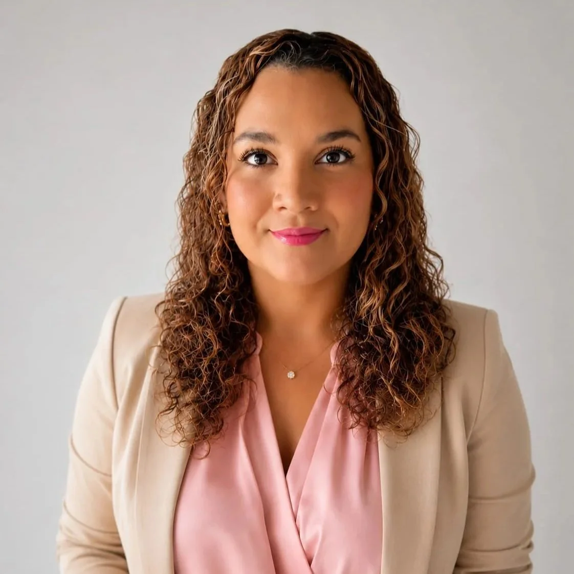 Retrato de una mujer con cabello rizado, rostro sonriente, vestida con blazer beige y blusa rosa, en un fondo gris claro.