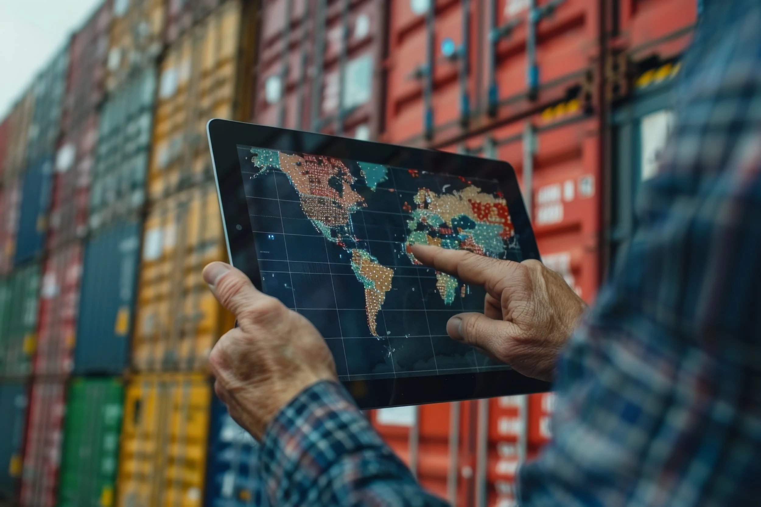 Persona sosteniendo una tableta con un mapa digital del mundo en un entorno de almacén con contenedores apilados.