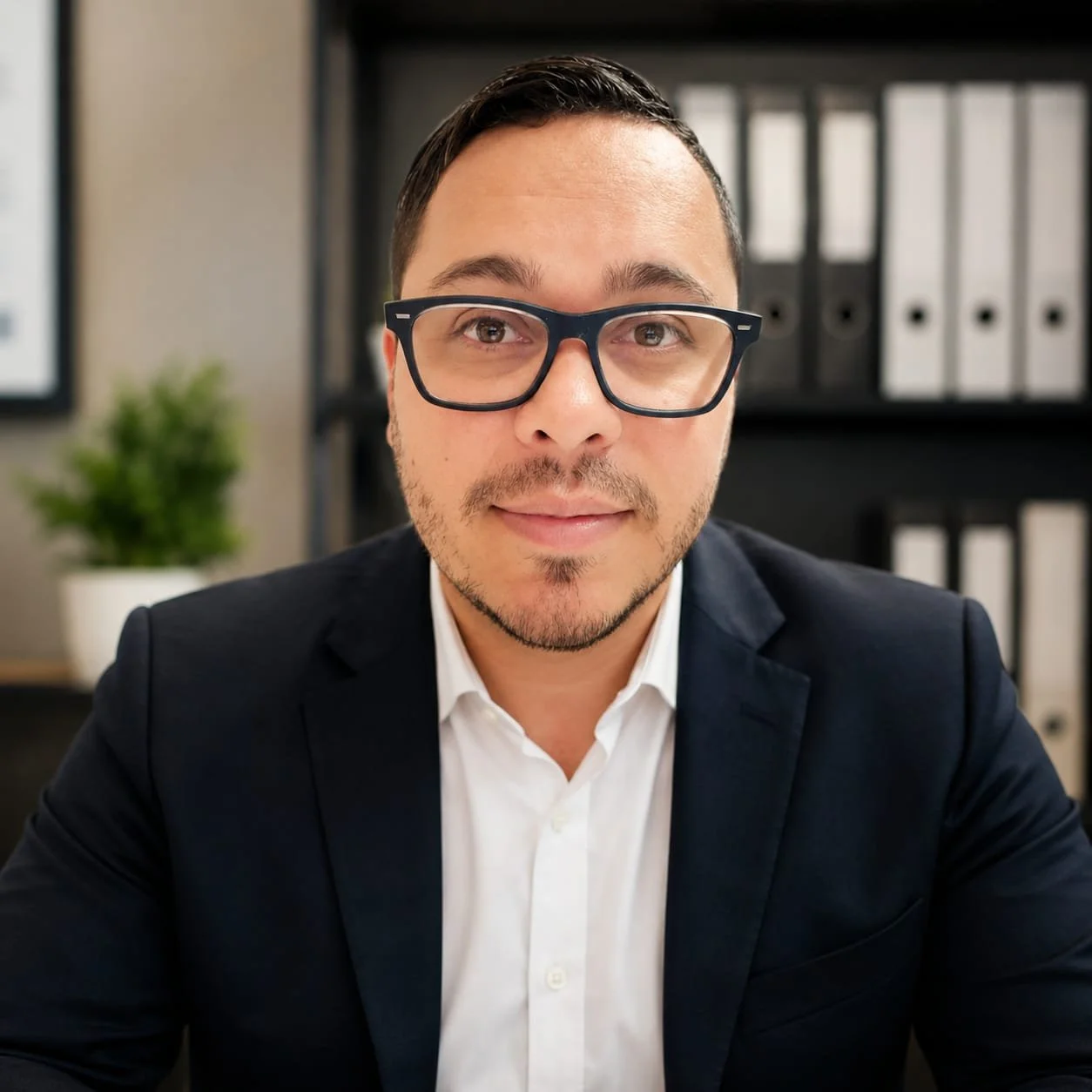 Retrato de hombre con gafas, peinado corto y barba, usando traje oscuro y camisa blanca, en oficina con archivo y planta de fondo.