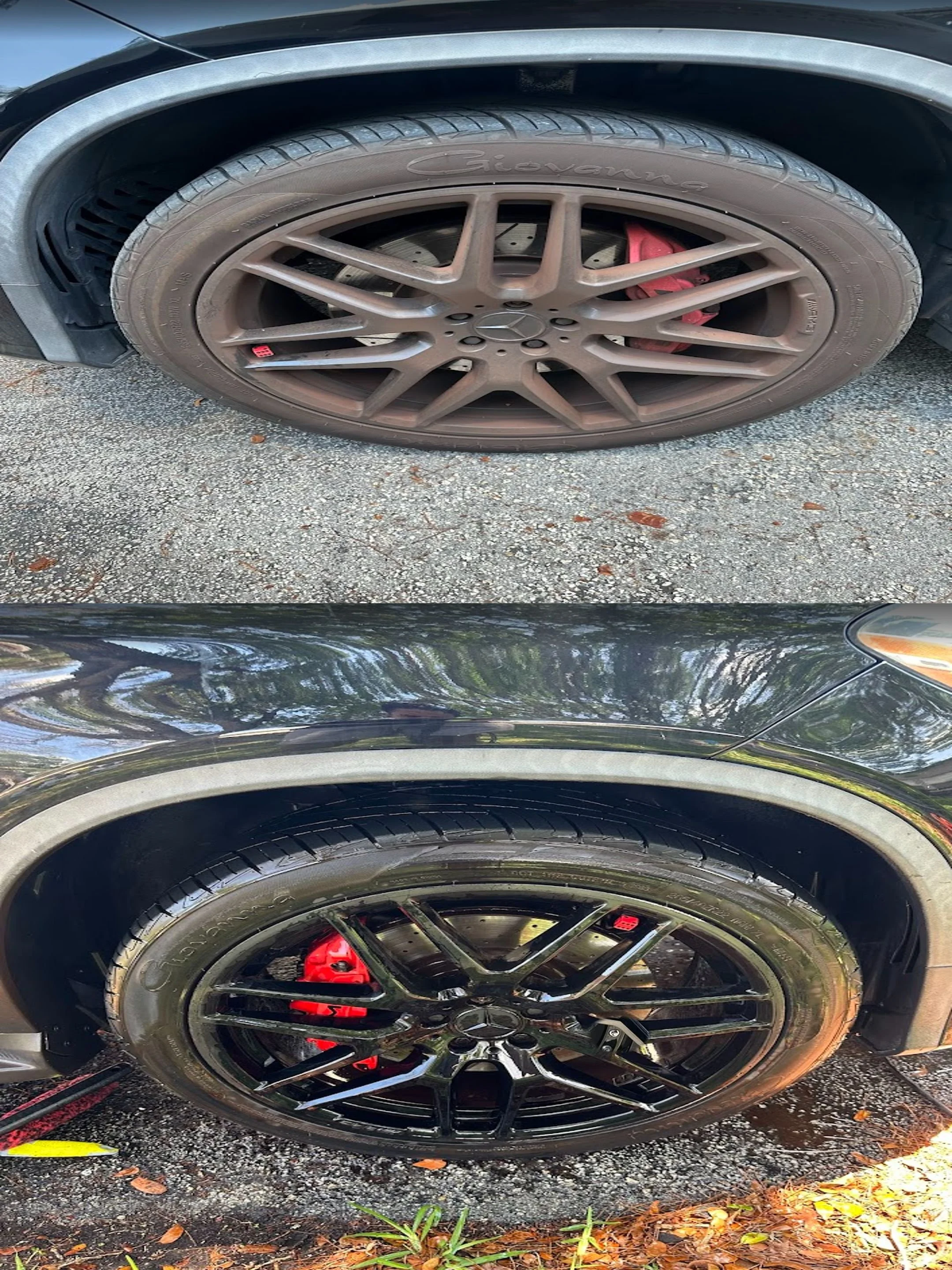 Two close-up shots of a black sports car's front and rear wheels parked on asphalt, with the rear wheel showing red brake calipers visible through black rims, and the front wheel featuring a darker rim with a small red tag.
