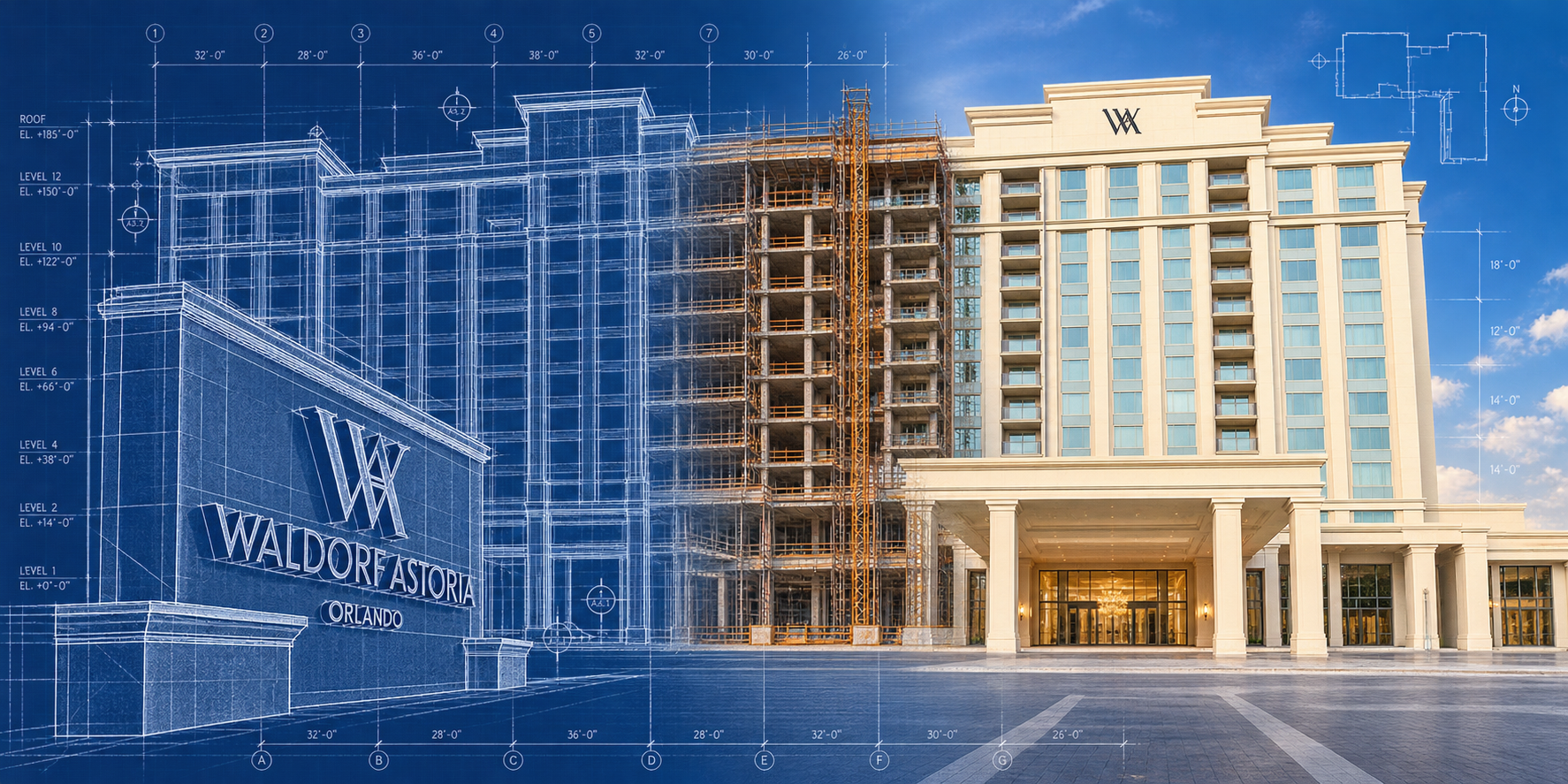 A building under construction with a partial blueprint overlay on the left side, demonstrating architectural plans and drawings for the Waldorf Astoria hotel in Orlando.