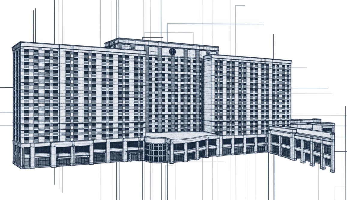 A digital wireframe drawing of a large, multi-story hotel building with a rounded entrance and multiple windows.