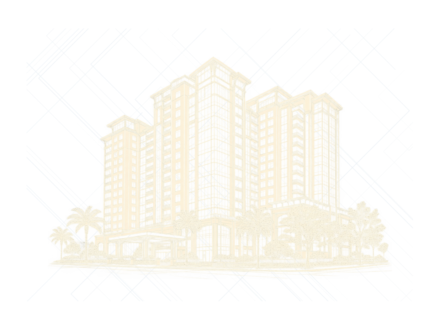 A digitally manipulated photo of a tall, cream-colored multi-story building with numerous windows, surrounded by trees, with a background of abstract colorful geometric shapes and patterns.