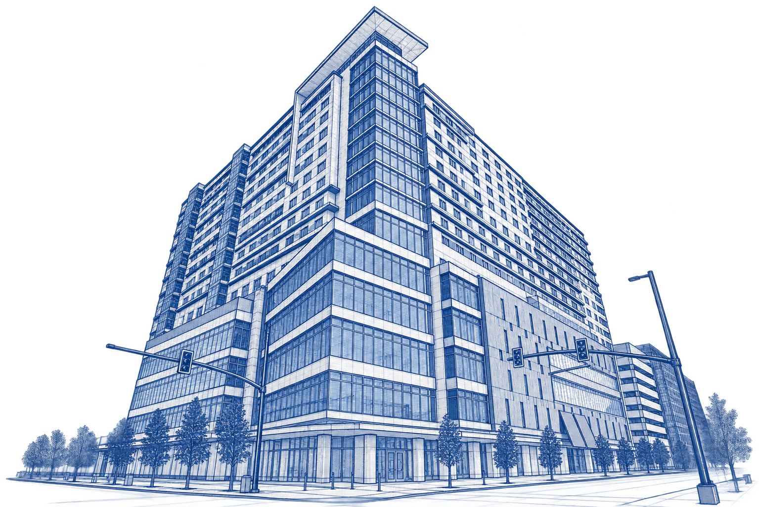 Line drawing of a modern multi-story office building with glass windows, street trees, and traffic lights in the foreground.