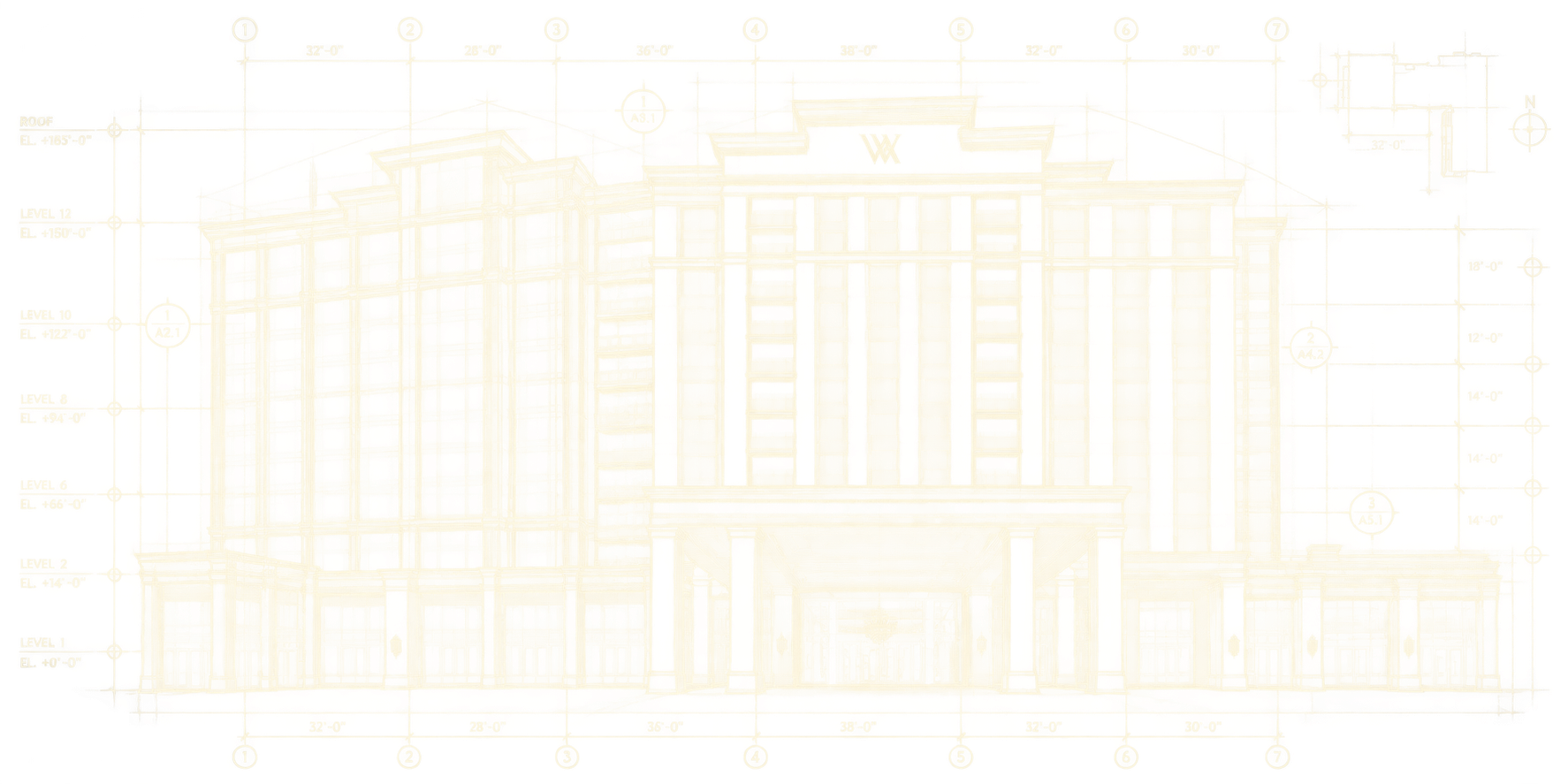 An architectural blueprint of a building floor plan showing room layouts, measurements, and structural details.