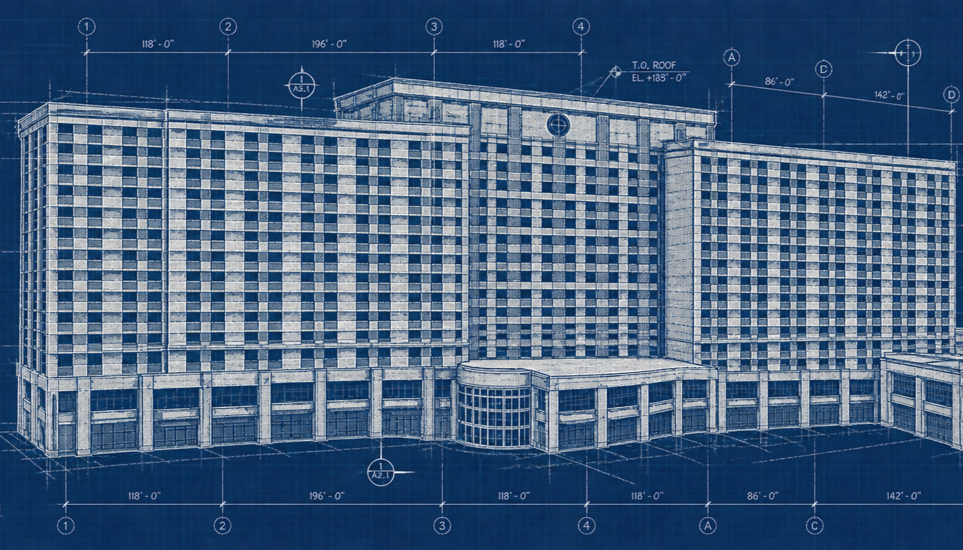 Architectural blueprint of a multi-story building with detailed measurements and design specifications.