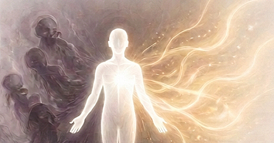 A glowing white human figure with outstretched arms, surrounded by dark, shadowy figures on the left and bright, fiery light on the right.