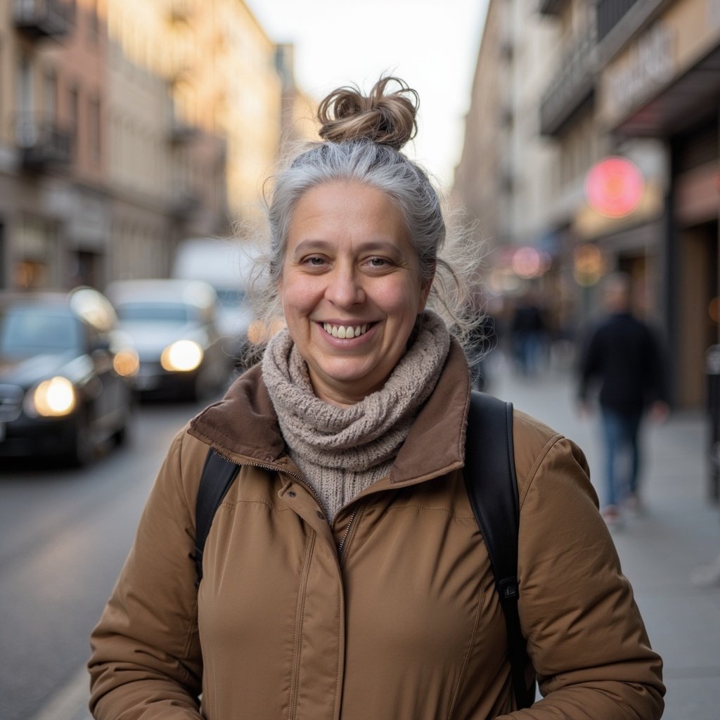 Smiling woman with gray hair tied in a bun, wearing a brown jacket and scarf, standing on a city street with blurred cars and buildings in the background.