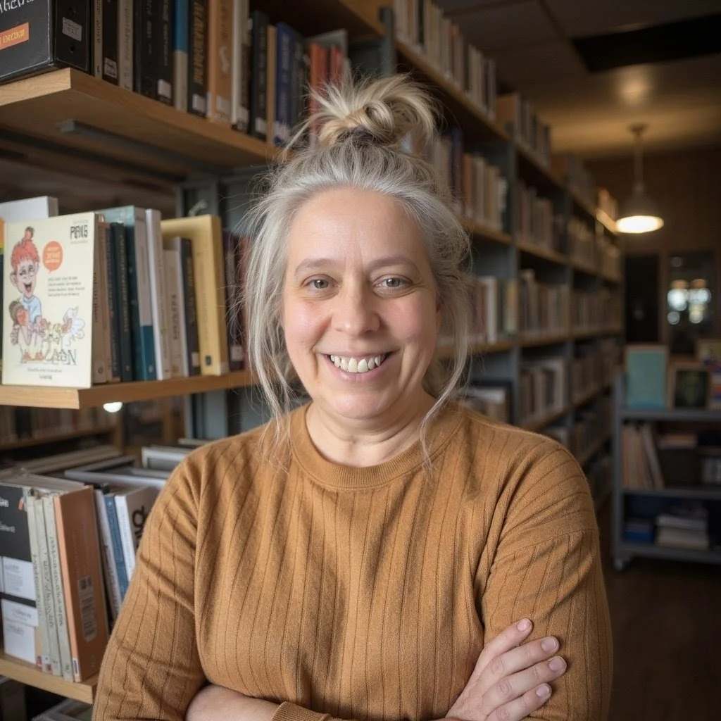 A woman with gray hair tied up in a messy bun, smiling and standing with her arms crossed in a library surrounded by shelves of books.