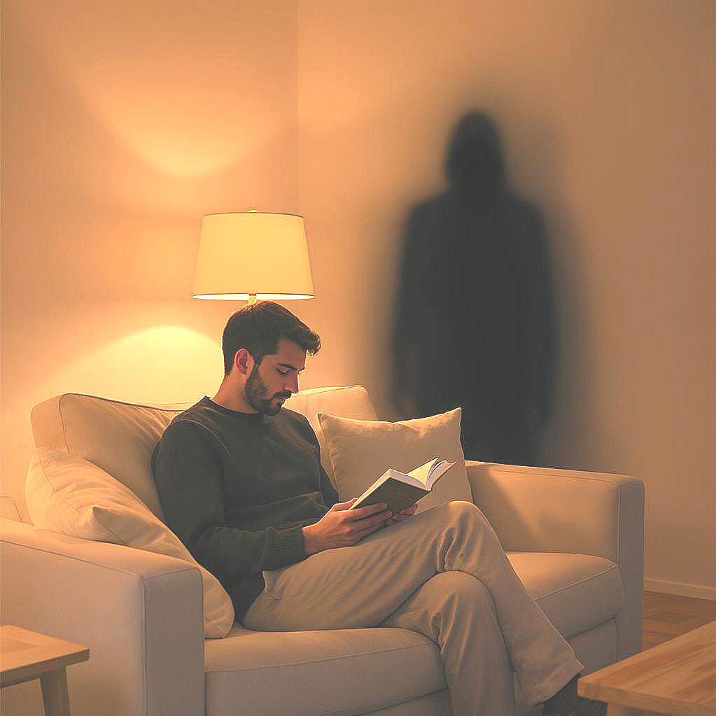 A man sitting on a beige sofa, reading a book, with a table lamp casting warm light behind him. A shadowy, blurry figure of a person stands in the background, appearing as a dark silhouette against the wall.
