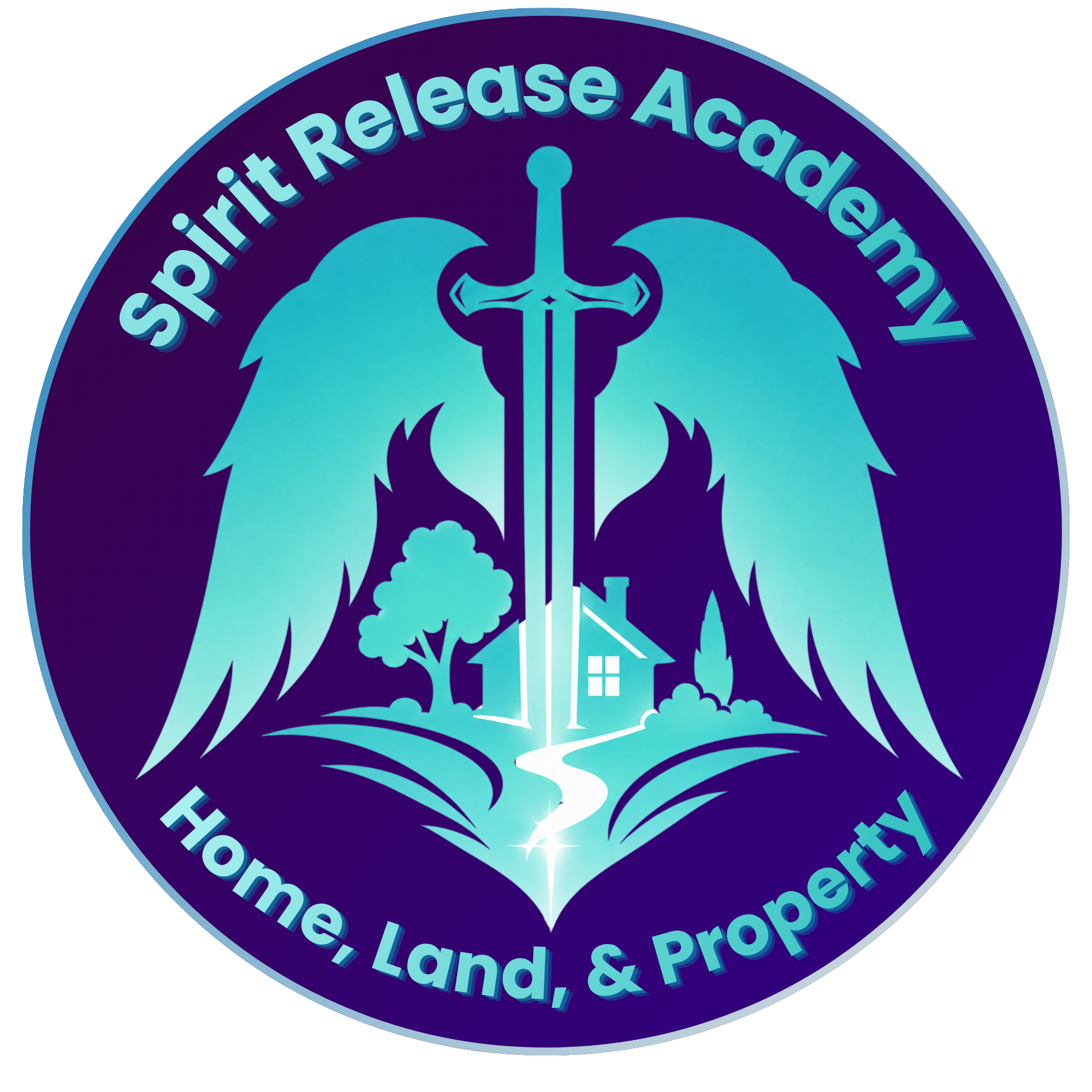 Seal crest with sword, eagle, house, trees, and stars, surrounded by text reading 'Spiritual Release Academy of Healing, Land & Property'.