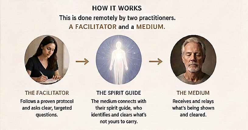 Infographic explaining a process involving three figures: a woman writing with a caption indicating she is the facilitator following a protocol and asking questions; a glowing human figure representing the spirit guide connecting with the facilitator; and an older, serious man representing the medium who receives and relays information. The title reads "HOW IT WORKS" with a subtitle about remote practice by two practitioners, a facilitator and a medium.