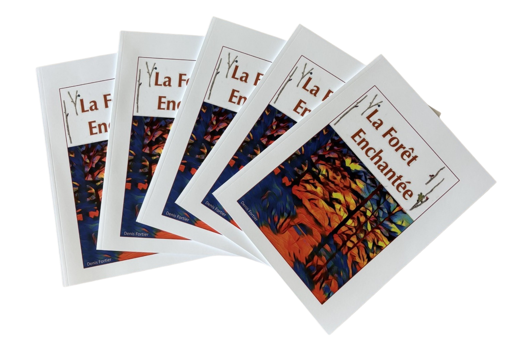 Multiple copies of a book titled 'La Forêt Enchantée' fanned out, featuring a colorful illustrated cover of trees with vibrant foliage.