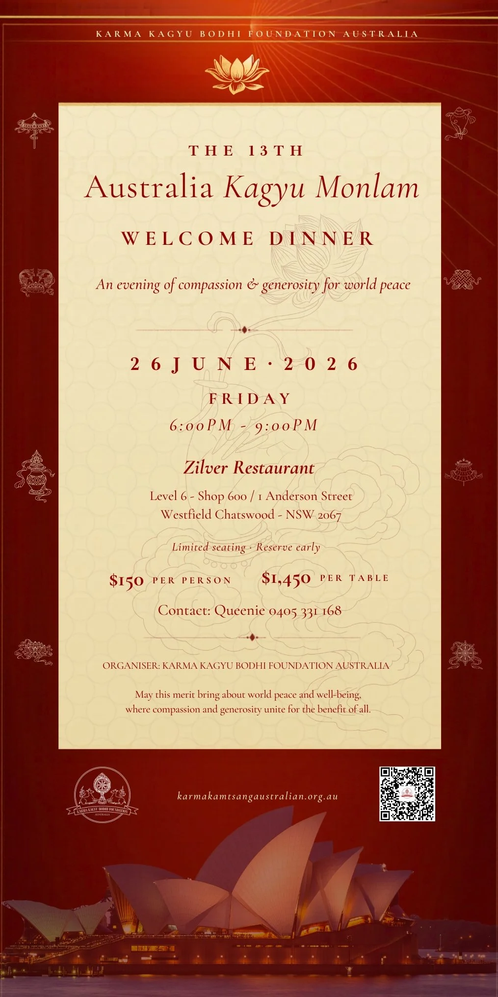 Invitation to the 13th Australia Kagyu Monlam Welcome Dinner hosted by Karma Kagyu Bodhi Foundation Australia on June 26, 2026, at Zilver Restaurant in Westfield Chatswood, featuring a night of compassion and world peace with a background image of the Sydney Opera House at night.