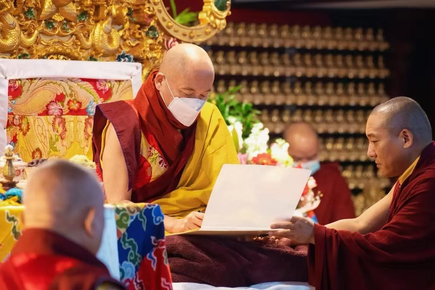 Glaytsab Rimpoche. Monks dressed in traditional robes participating in a religious ceremony. Australia Kamtsang Dharma Center