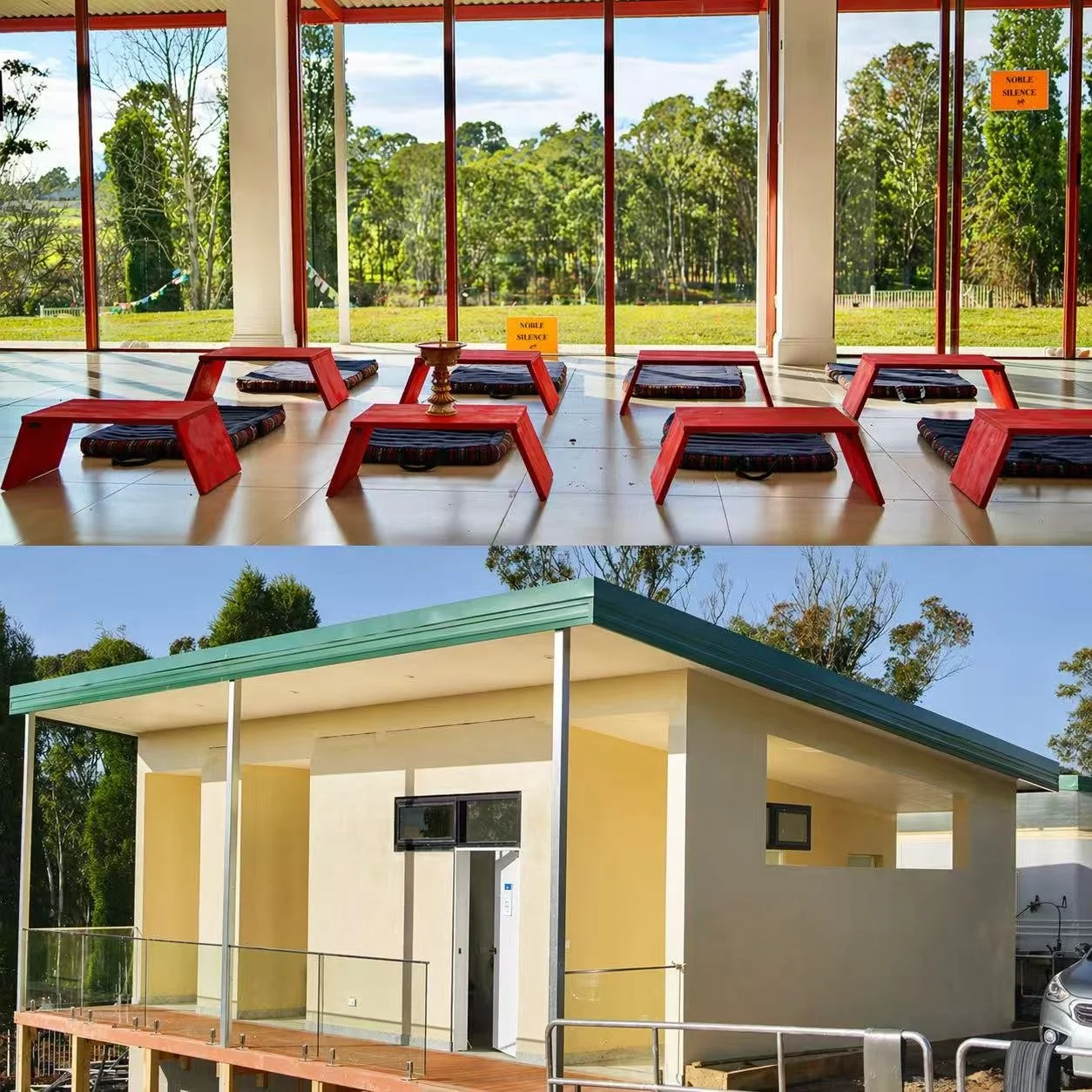 The top image features a meditation or prayer area with wooden mats and cushions on a tiled floor, surrounded by large glass windows overlooking green trees, with signs saying 'Noble Silence.' The bottom image shows a modern, yellow building with a green roof and a balcony, situated outdoors among trees.