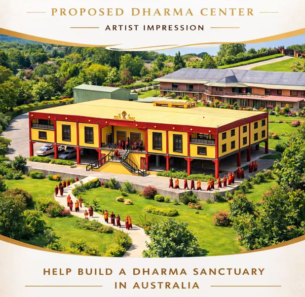 Artist impression of the proposed Dharma Center, a two-story building with yellow walls and red accents, surrounded by lush greenery and a line of monks in red robes carrying umbrellas walking nearby, in Australia.
