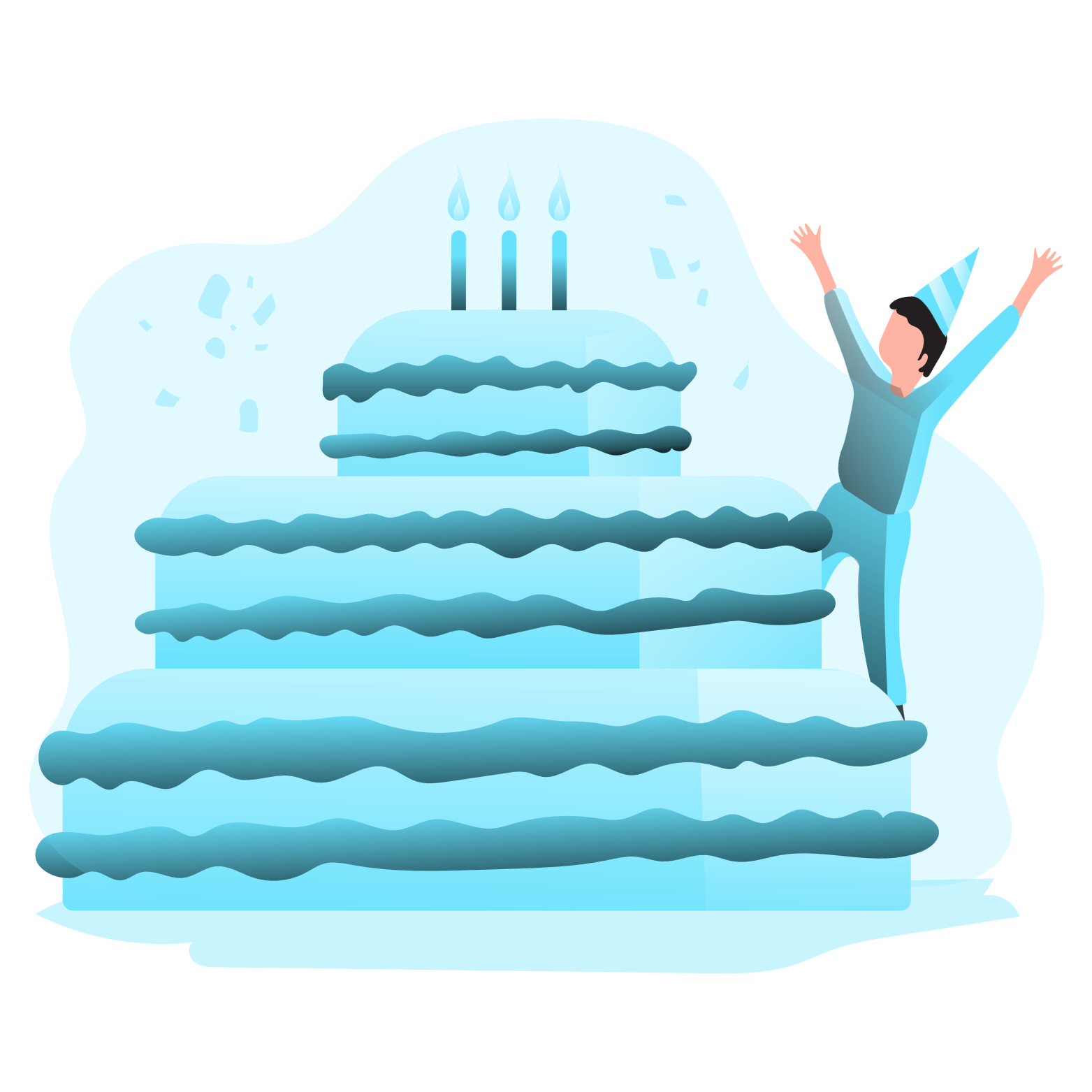 A birthday celebration with a person wearing a striped party hat, raising their arms in excitement beside a multi-tiered cake with five lit candles on top, set against a blue background.