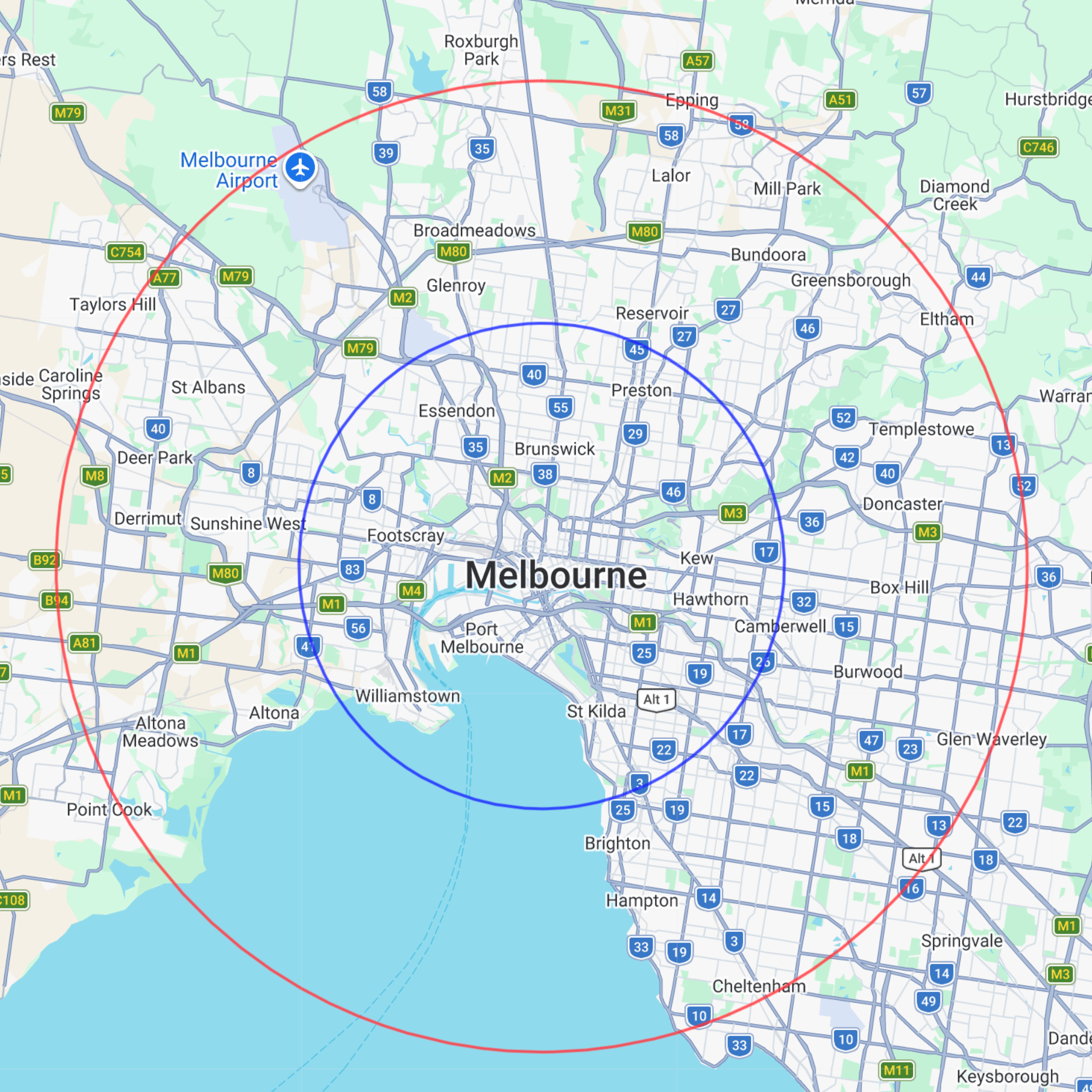 Map of Melbourne, Australia with concentric circles indicating distances radiating from the city center.