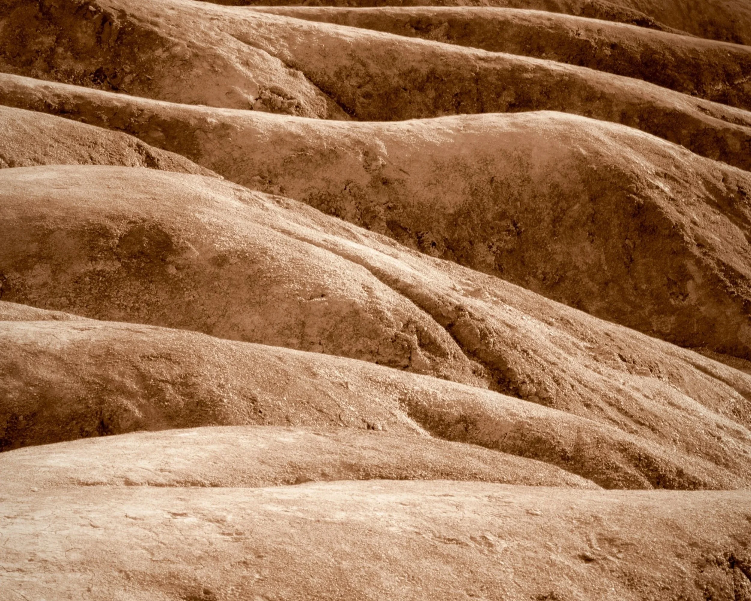 Close-up of layered earth and rock strata in warm ochre and sepia tones