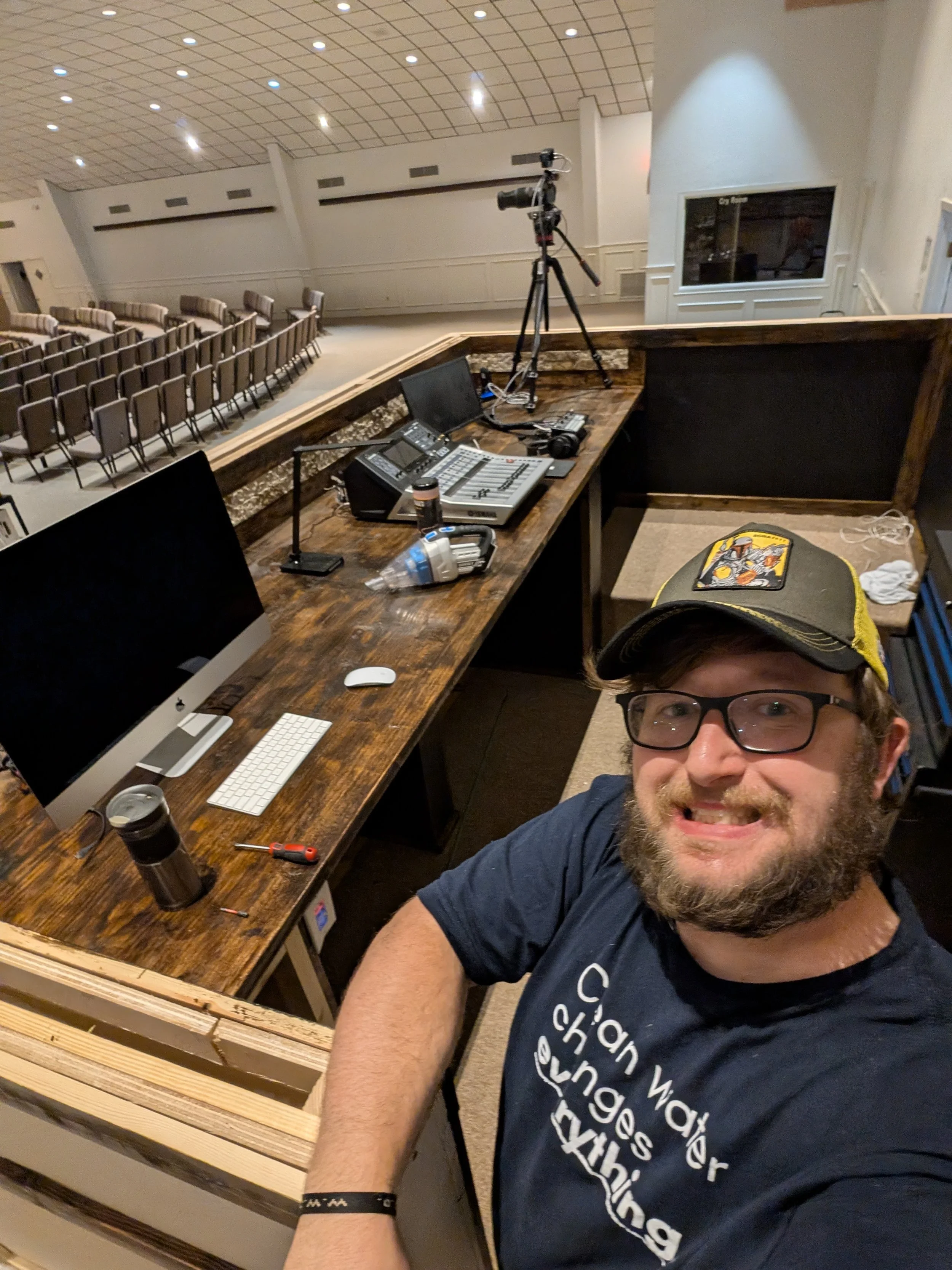 Rick with a nearly completed re-designed and custom built church media booth.