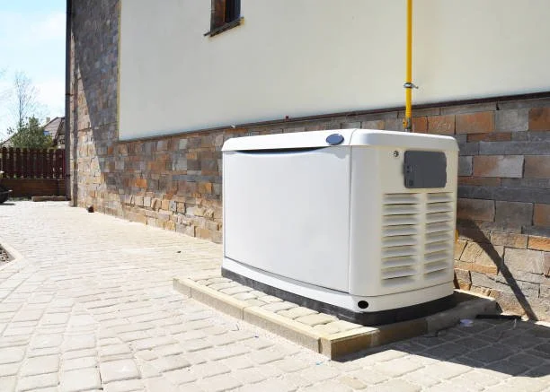 Outdoor white generator or compressor unit on a paved surface next to a building with brick and stucco exterior.