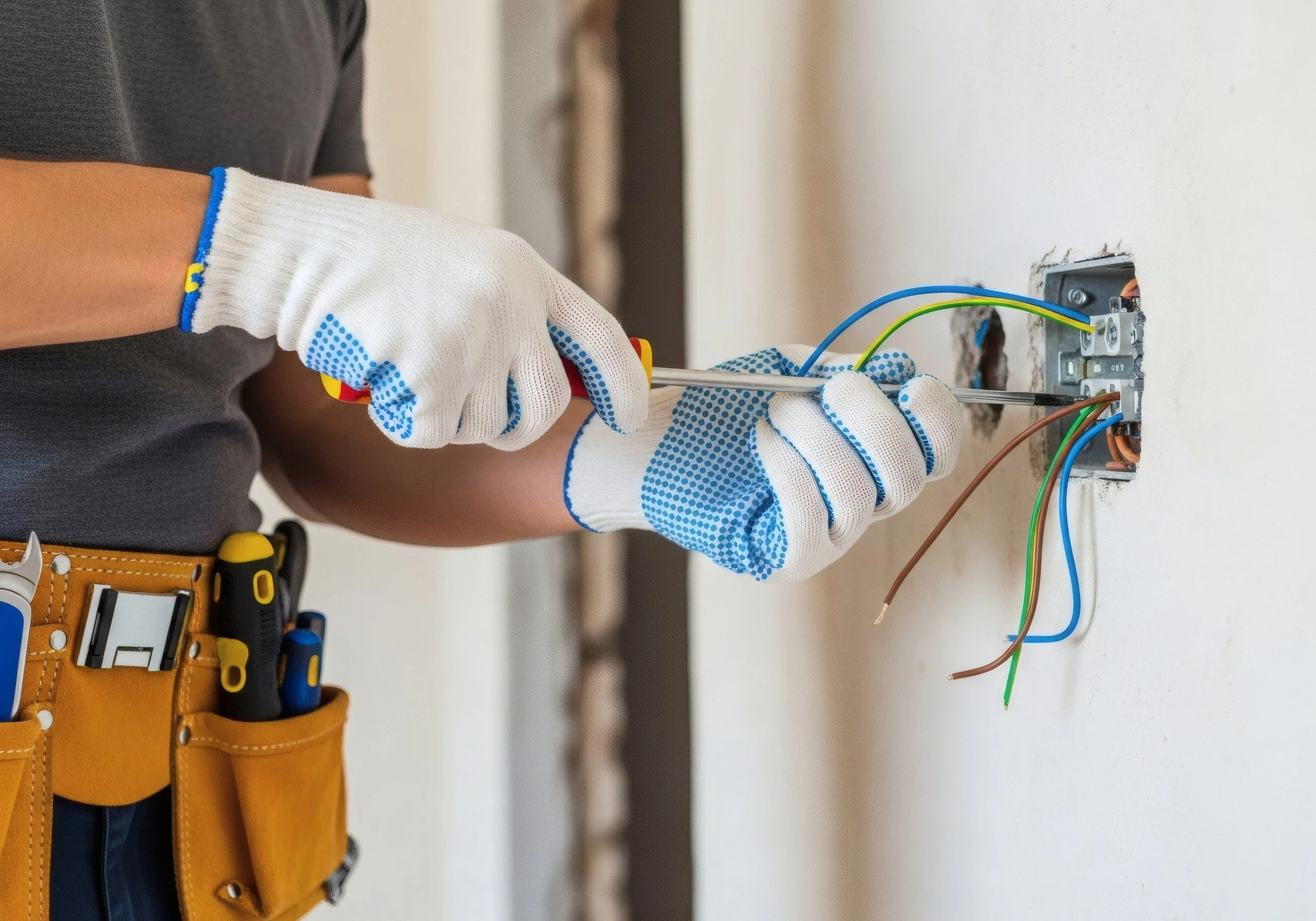 Person wearing work gloves installing electrical wires into an outlet box.