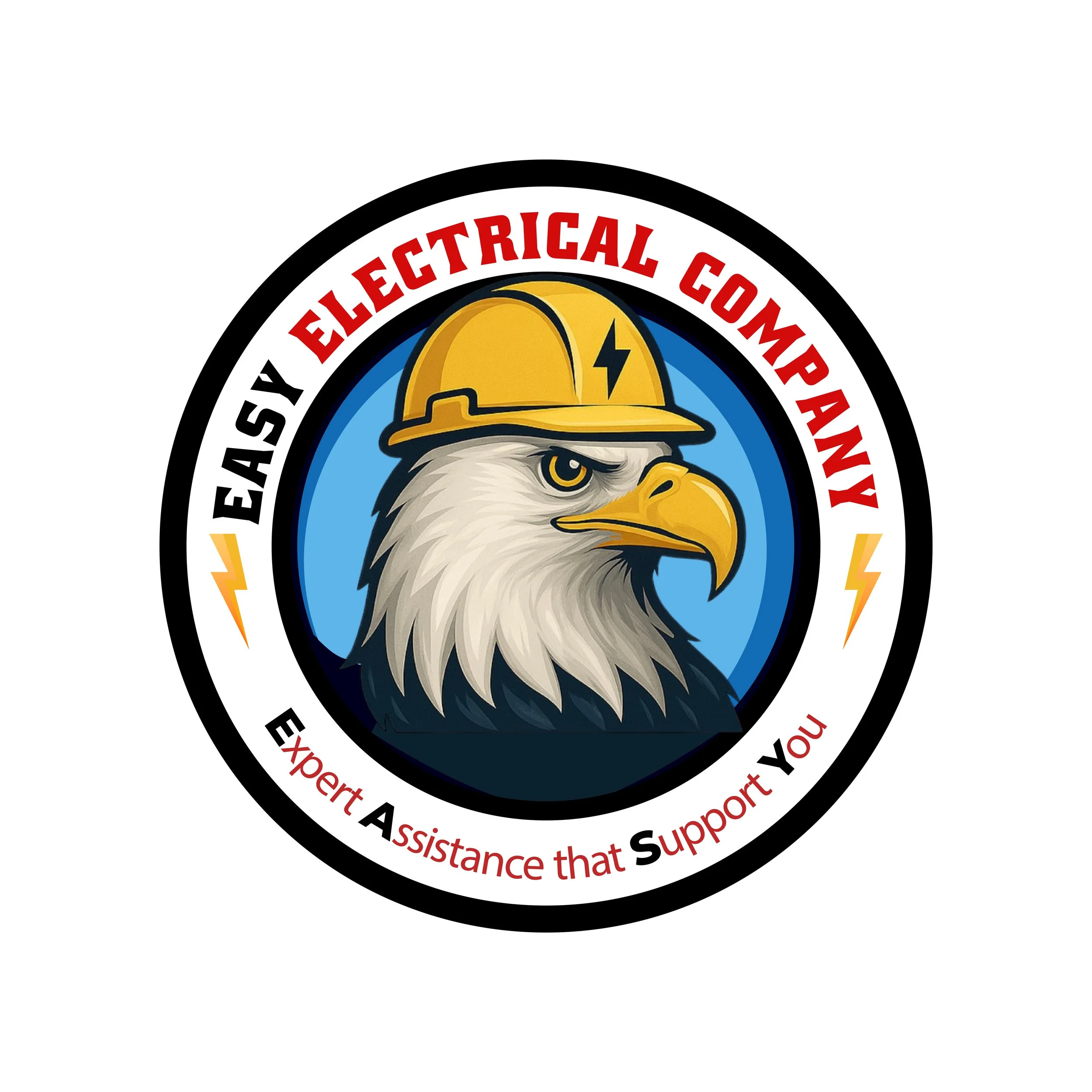 A circular logo featuring an eagle wearing a yellow construction helmet with a lightning bolt, surrounded by text about electrical companies and assistance support.