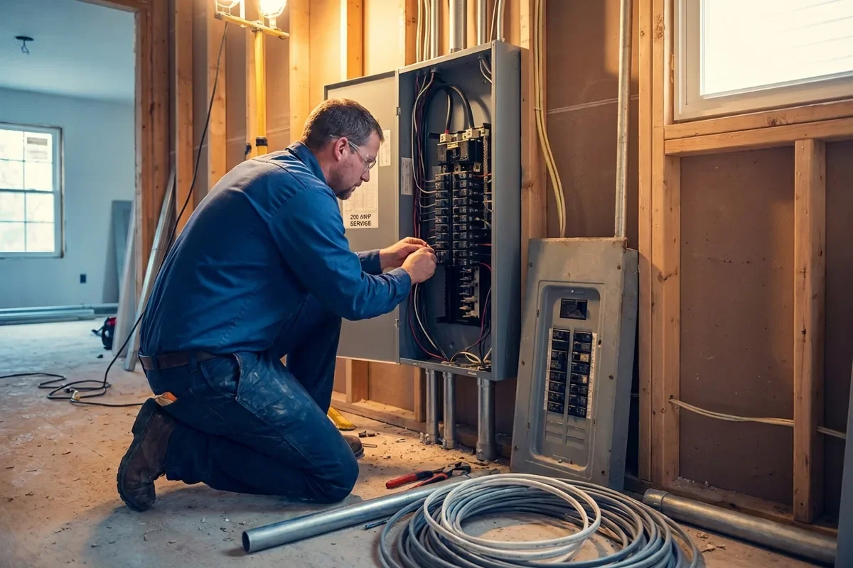 A man working inside a building under construction, kneeling in front of an open electrical panel, wiring it up.