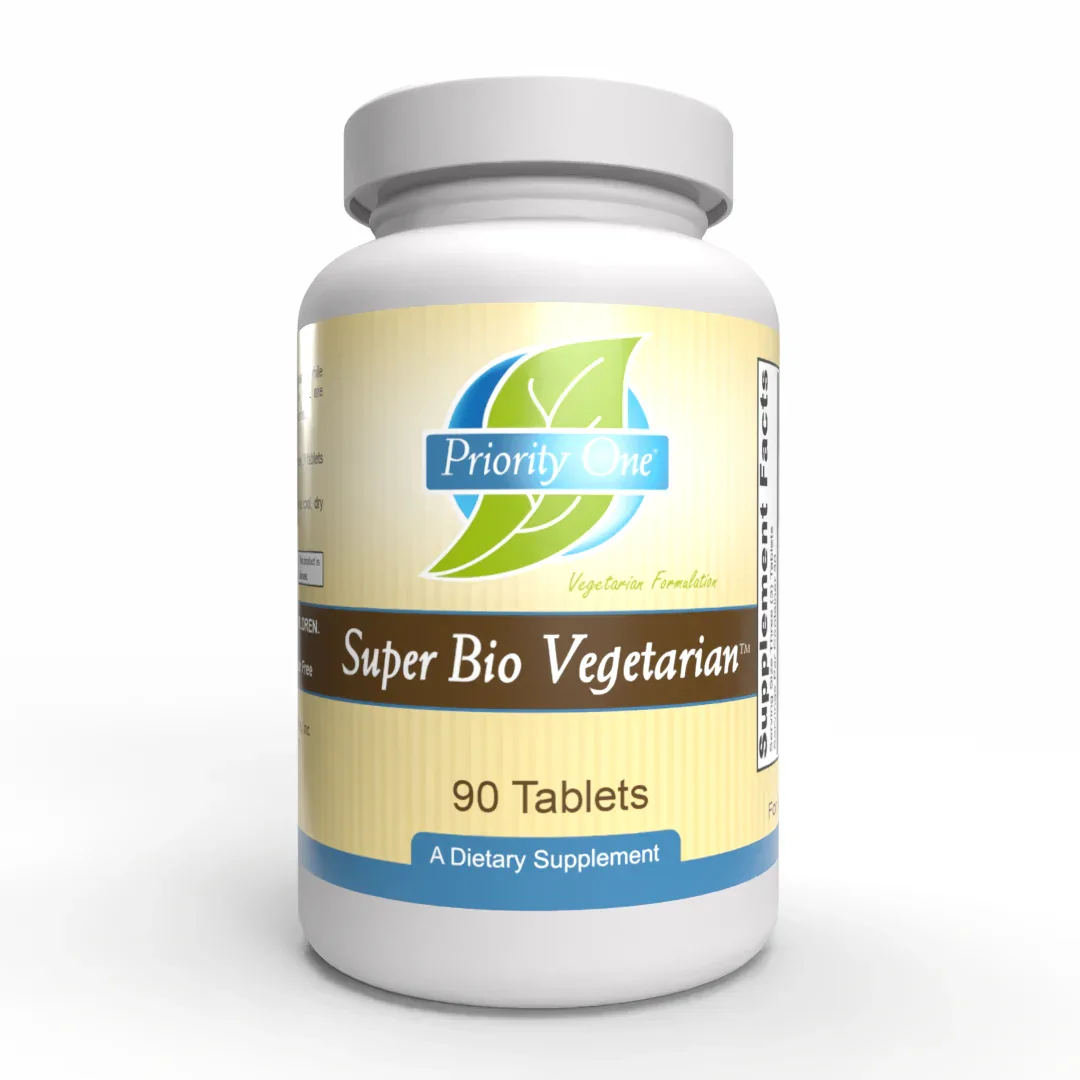 Bottle of Priority One Super Bio Vegetarian dietary supplement with 90 tablets