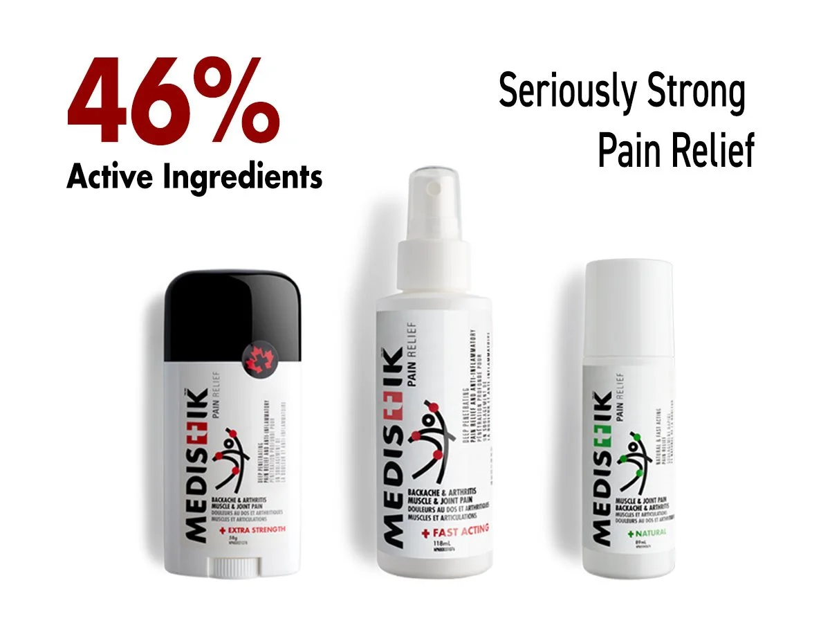 Three medicated pain relief spray bottles, with text indicating 46% active ingredients and benefits like strong pain relief, fast action, and natural options.